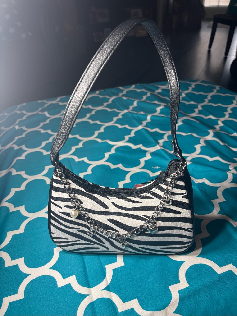 New Like Dreams Zebra Print Mini Shoulder Bag with Chain Accent - Black & White